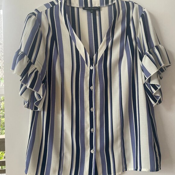Supply & Demand Vertical Stripe Ruffle Sleeve Top, Button-Down, V-Neck, Blue, M - Picture 1 of 6